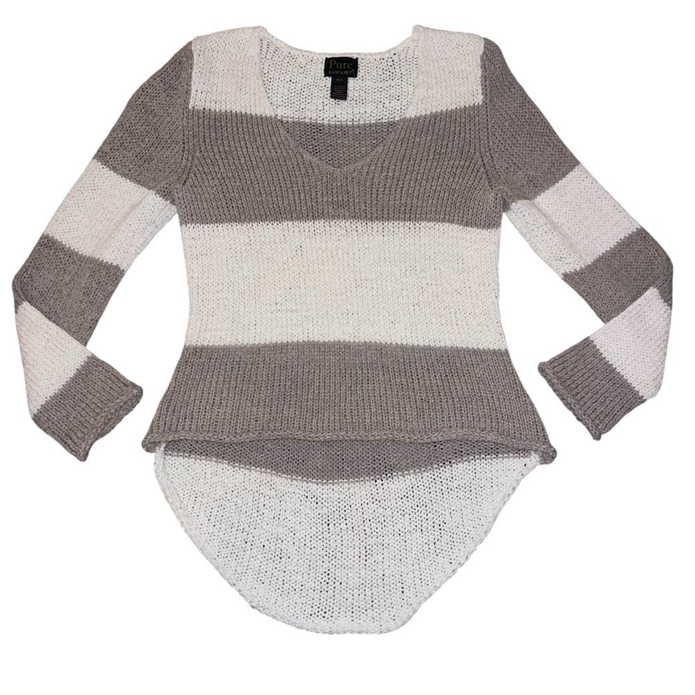 EUC Pure Handknit Cotton Striped Sweater Taupe White Medium Large Neutral